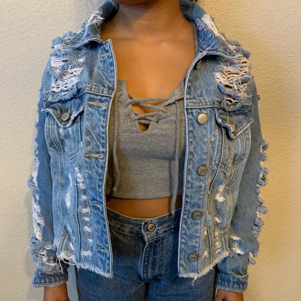 XS Distressed denim jean jacket. Women